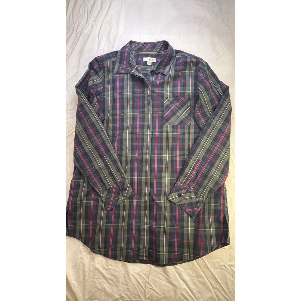 ORVIS Plaid‎ Long Sleeve Button Down Shirt Women Size 14 Green Navy Red